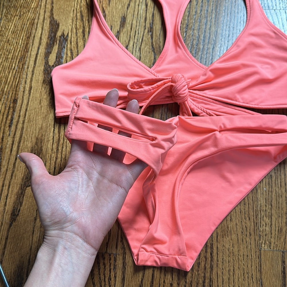 L Space Bright Orange Pink Coral Bikini Tie Top & Bottom S/M - Picture 7 of 11